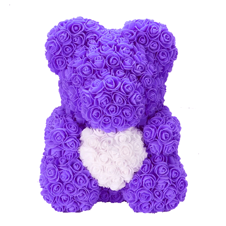 Levně Medvídek z růží - fialový se srdcem 40 cm